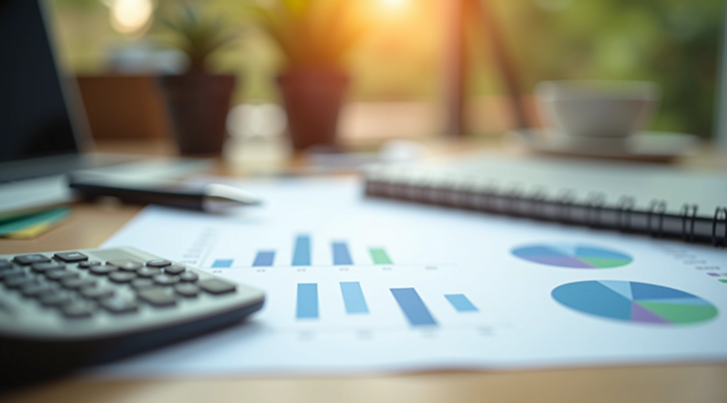 Finansinio planavimo darbo vieta su dokumentais ir skaičiavimo įrankiais