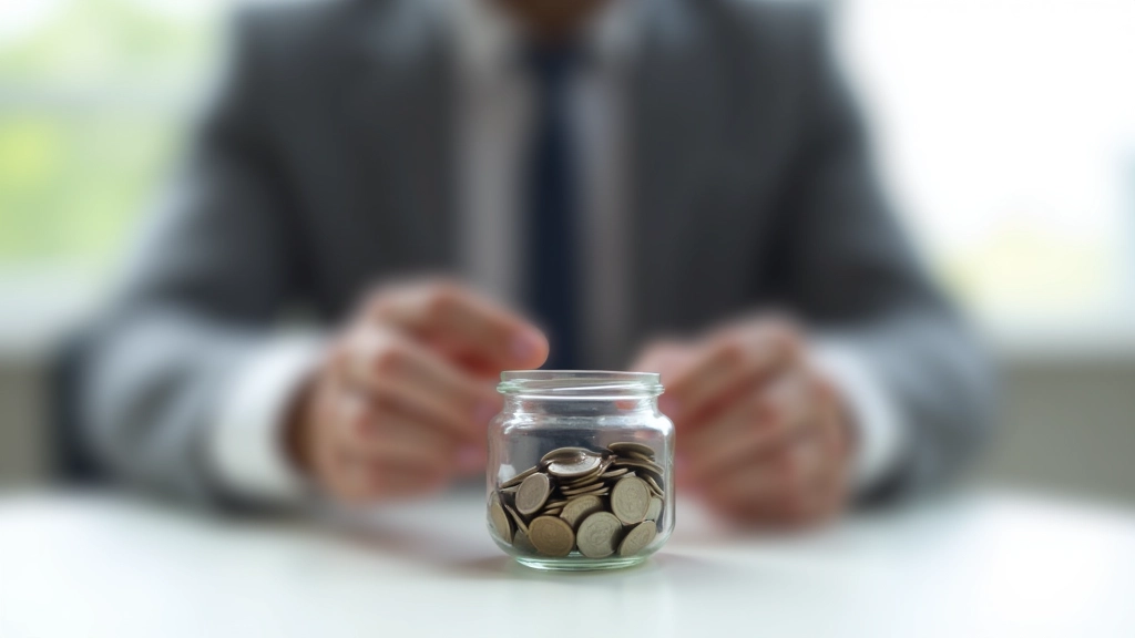 Žmogus žiūri į smulkių pinigų piramidę stiklinėje, minimalistinis balta darbastalio nustatymas