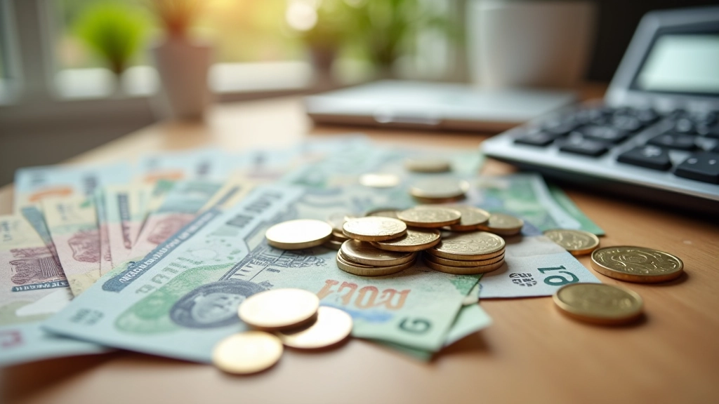 Skirtingos vertės monetos ir banknotes, išdėstyti ant lentos, šalia skaičiuotuvo